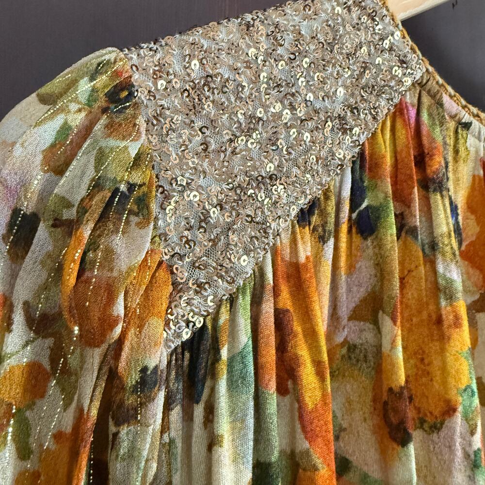 BL-NK LONDON  x Anthropologie Sequin-Embellished Small Yellow Gold Blouse Floral - Picture 4 of 9